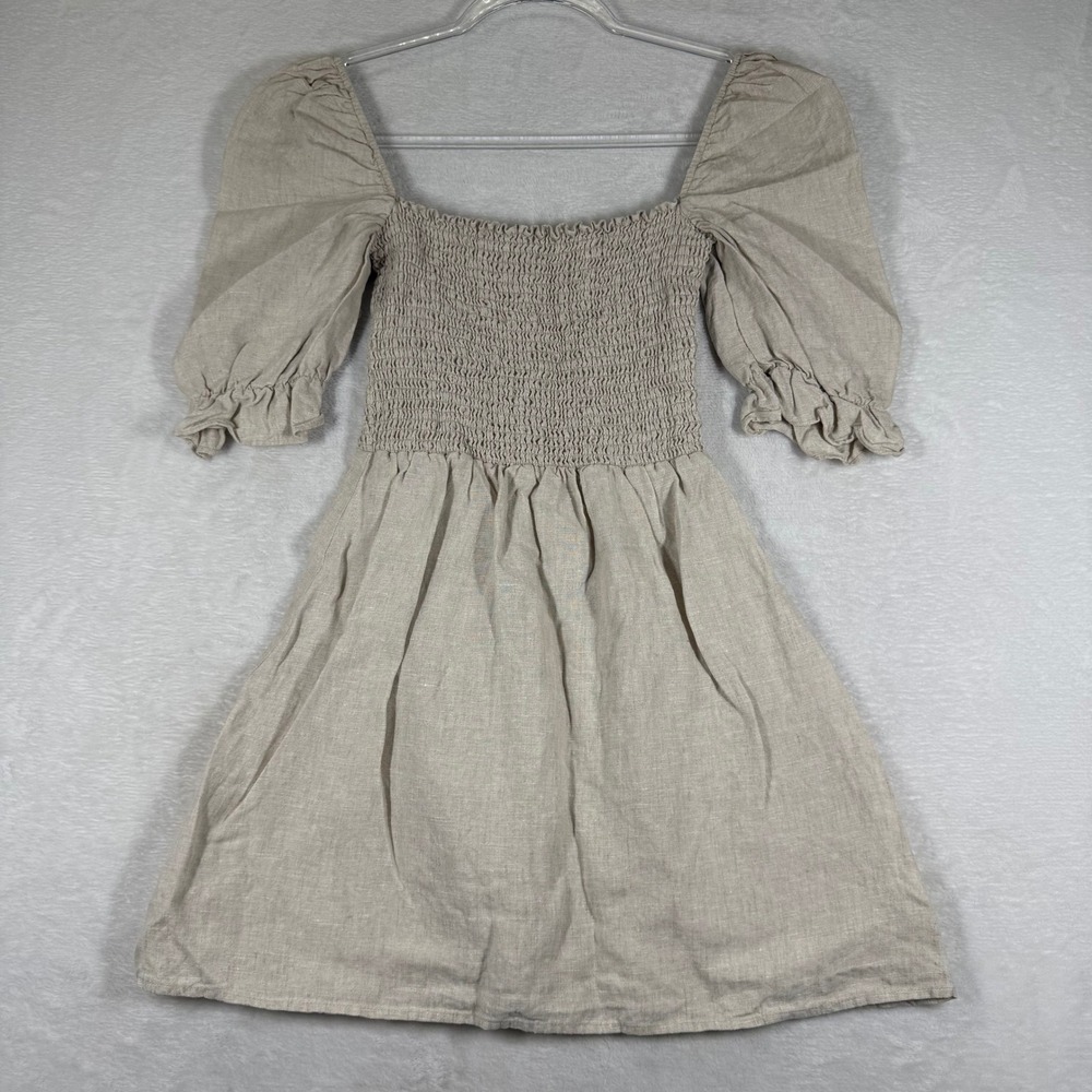 Reformation Oatmeal Beige 100% Linen Smocked Puff Sleeve Mini Dress Size S